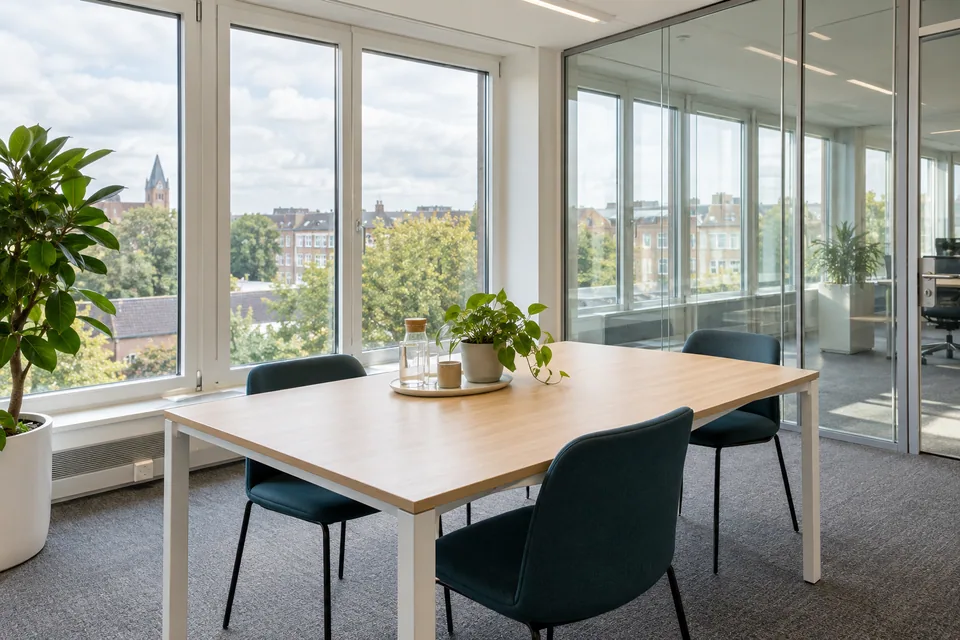 KI-generierter Beispielraum: Besprechungszimmer mit großen Fenstern und Glaswand